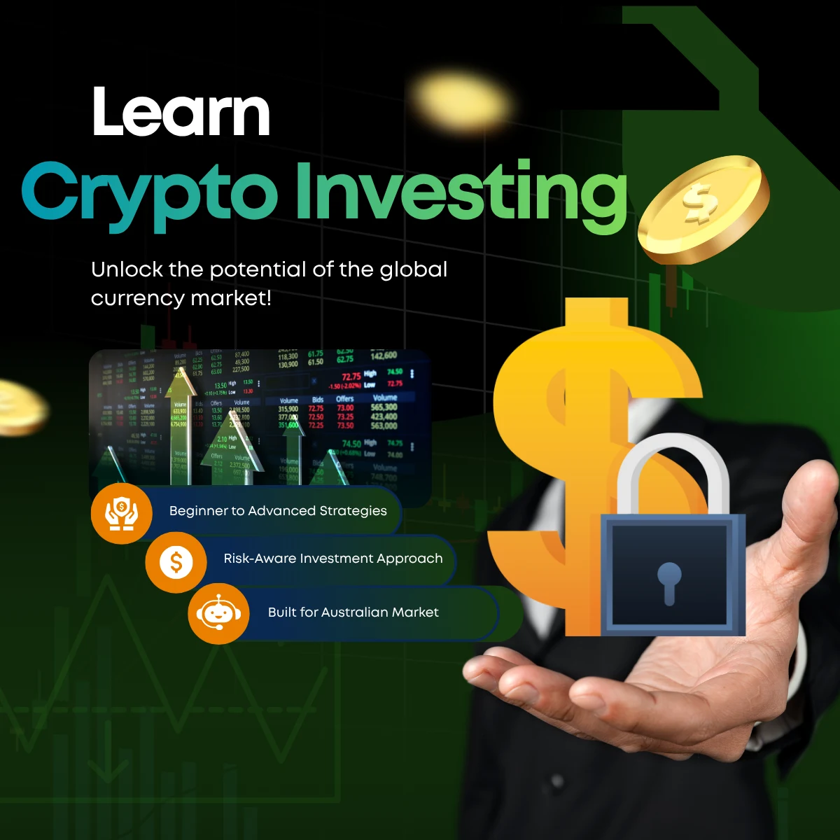 Crypto Peak Wealth learn crypto trading with charts and security concept